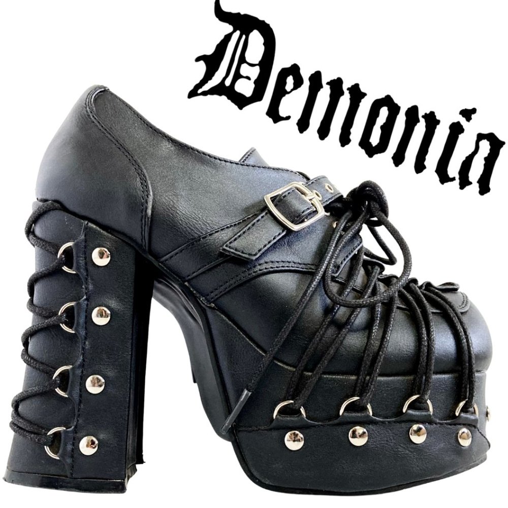 DEMONIA Charade 35 Goth Lolita Punk Bondage Platform Oxford Block Heels Black 5